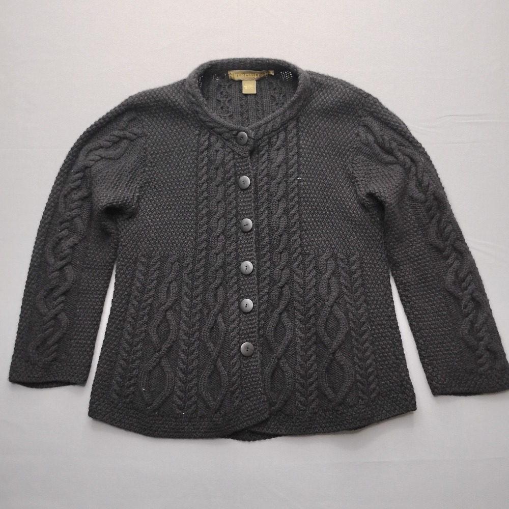 Inis Crafts Ireland Merino Wool Cable Knit Cardigan Sweater Charcoal Black M